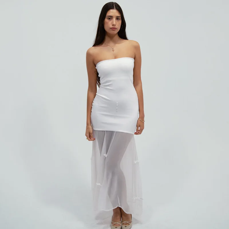 Tee Bow Mesh Patchwork Long Dress Women's Bandage See-Through Beach Holiday Party Dress Elegant Slim Maxi Dress Summer New