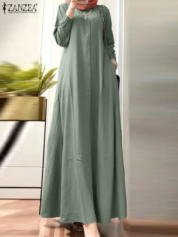 

Elegant Long Sleeve Sundress ZANZEA Muslim Dress Autumn Turkish Dresses Abayas For Women Ramadan Islamic Clothing Maxi Vestidos