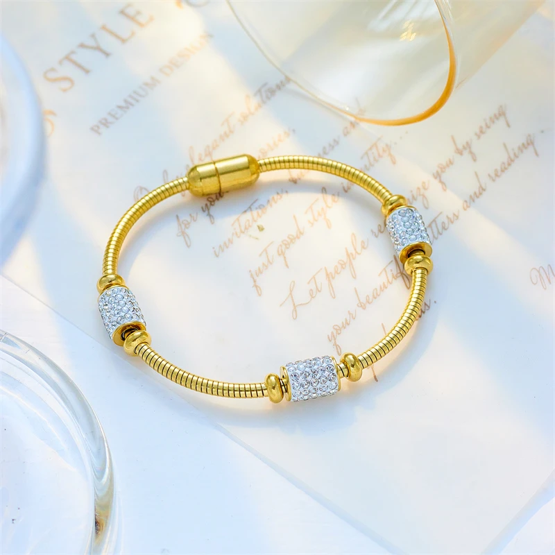 Stainless Steel Gold Color Zirconia Beaded Bracelet For Women Fashion Girls Magnet Clasp Snake Chain - Image 3