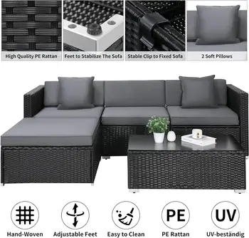 Divano lounge in polyrattan per 4-5 persone 5 pezzi Mobili da esterno Set di divani angolari da giardino in rattan Tavolini da giardino Cuscini Cuscini 1