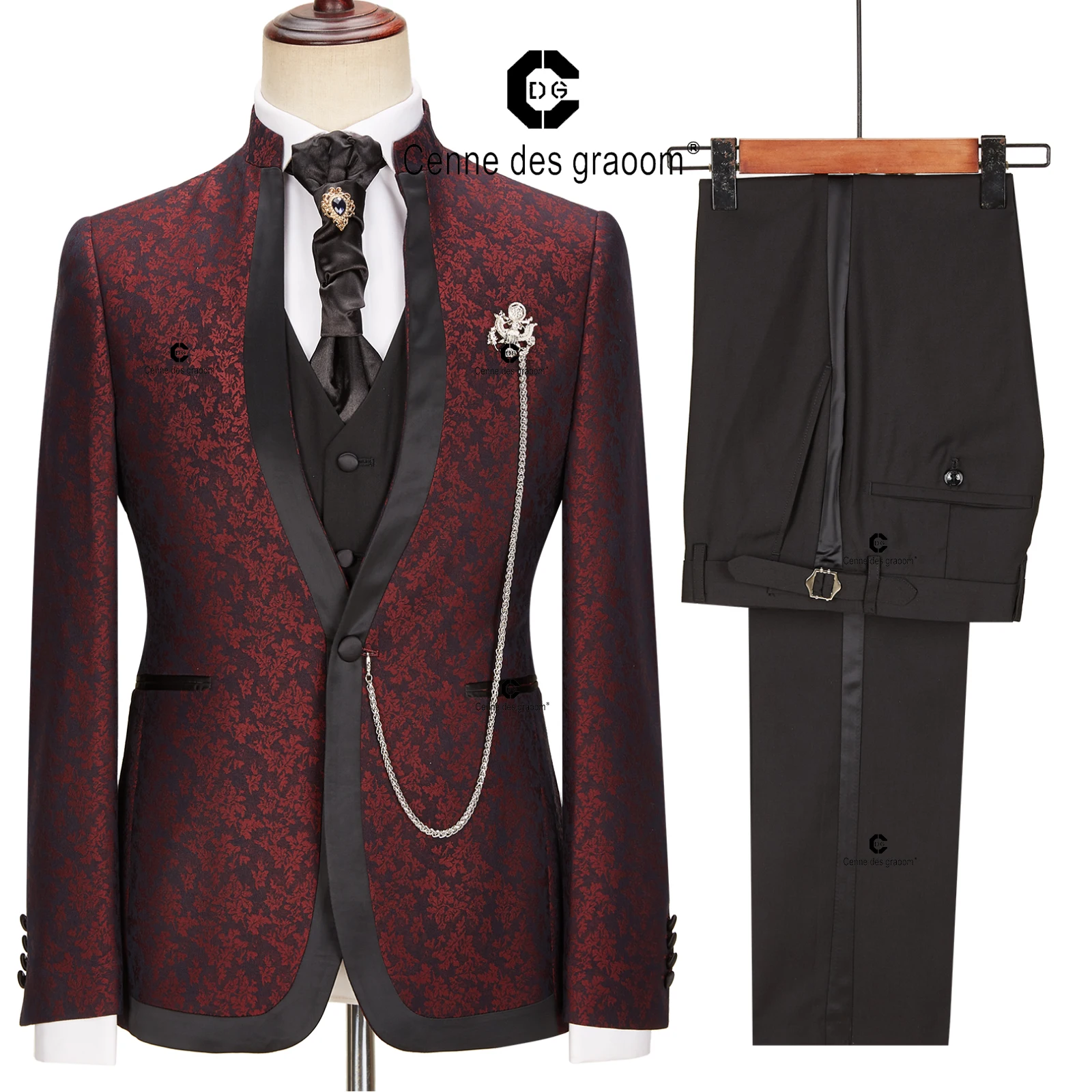 

Cenne Des Graoom New Luxury Man Suit For Wedding Burgundy Jacquard Single Button Blazer Black Tuxedo Pants With Tie 4 Piece Set