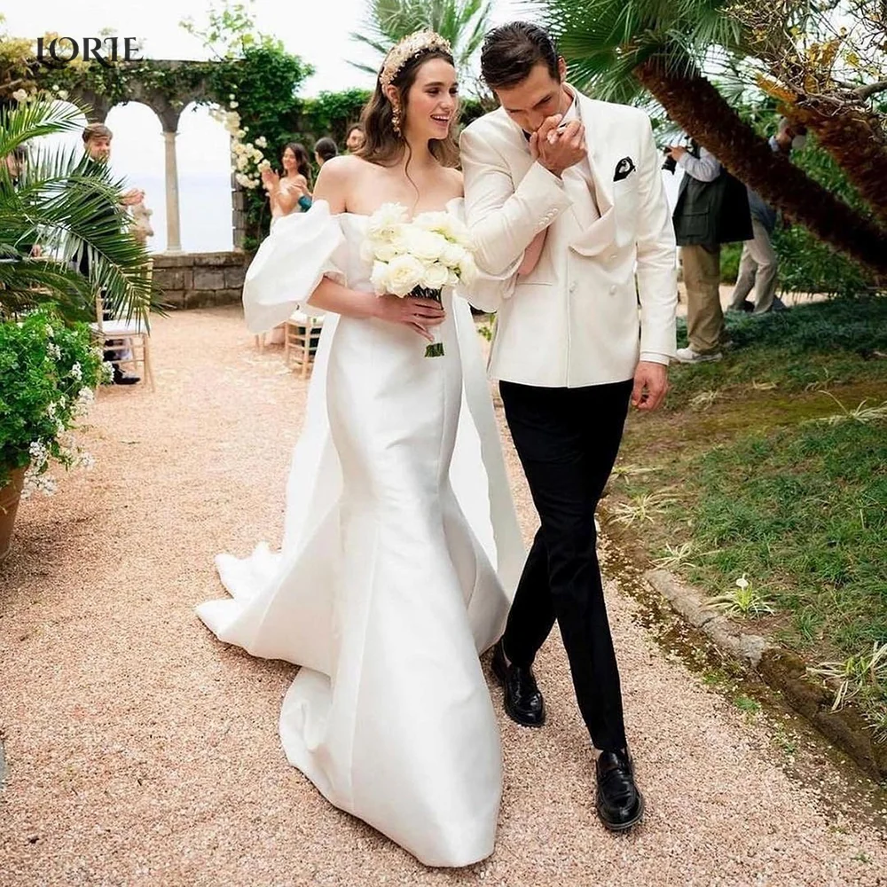 

LORIE Elegant Off Shoulder Mermaid Wedding Dresses Mono Satin Bodycon Bohemia Bridal Gowns With Long Train Pleat Bride Dress