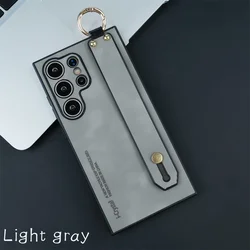 Luxury Matte Sheepskin Leather Wrist Strap Phone Case with Lens Protection Cover - Samsung S22 (Light Gray)