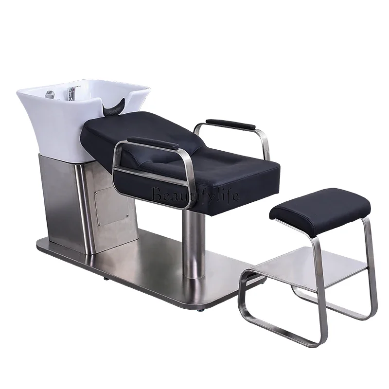 High-End Ceramic Basin Shampoo Chair Hair Saloon Dedicated Stainless Steel Flushing Bed high grade shampoo chair stainless steel massage shampoo dedicated ceramic basin lying half flushing bed