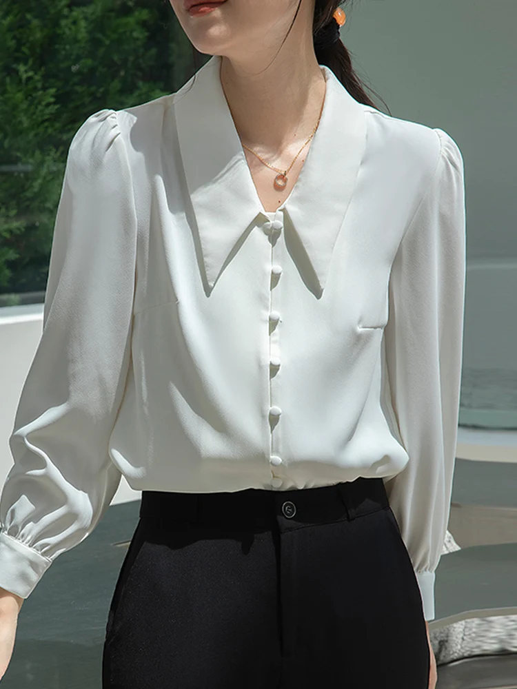 Long Sleeve White Chiffon Blouse Shirt Women Tops Turn Down Collar