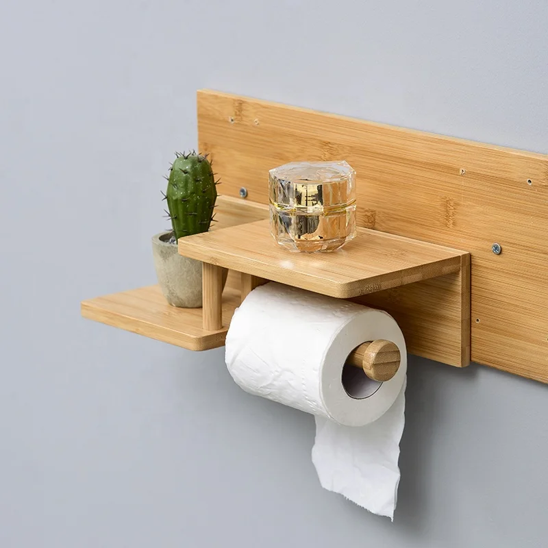 Bathroom Wall Mounted Easy Installation Wood Tissue Rolls Holder Bamboo Toilet Paper Holder with Shelf