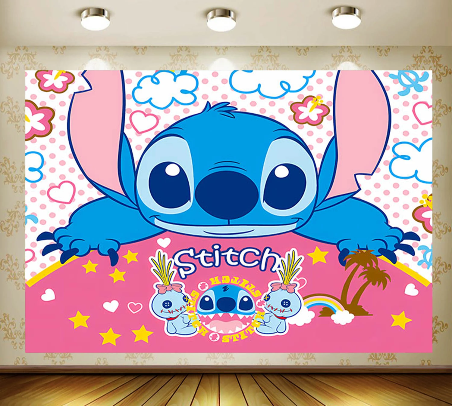 thumbnail image 1 of Fondo de fiesta con temática de dibujos animados de Lilo y Stitch, decoración para fiesta de cumpleaños de niña y niño de verano, accesorios de estudio para fotografía, 1 of 5