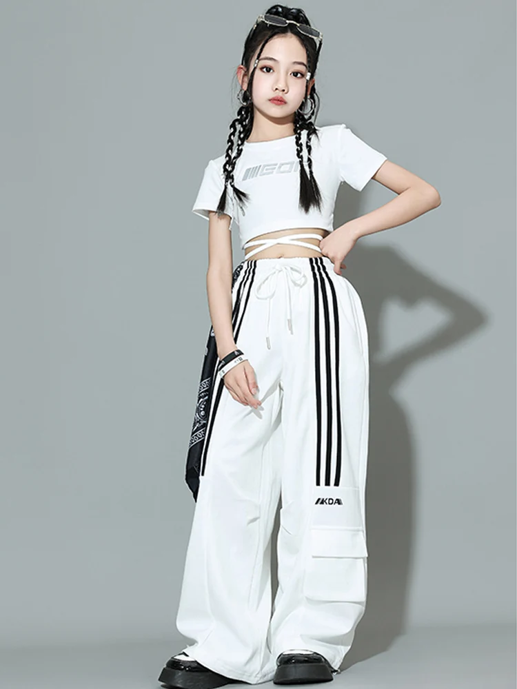 Kids Hip Hop Dance Clothes Girls White Tops Pants Jazz Practice Clothing Summer Short Sleeves Street Dance Outfit Rave BL12589