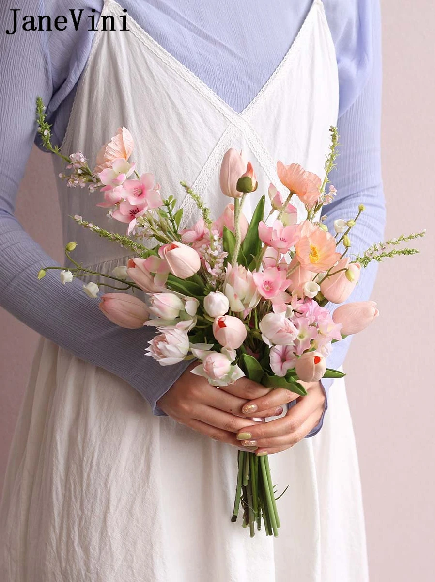 Bouquet da sposa di eucalipto rosa e tulipano bianco, bouquet da
