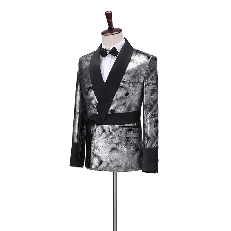 Latest Coat Pant Designs Slim Shiny Silver Smoking Jacket Italian Tuxedo Dress Double Breasted Men Suits For Wedding Groom