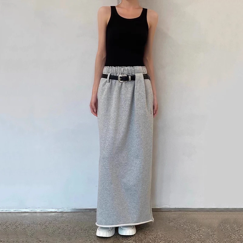 

Autumn y2k Simple Casual Half-body Skirt Belt Decorated Elastic High Waist Skinny Gray Mid-Length Skirts 2023 Autumn New