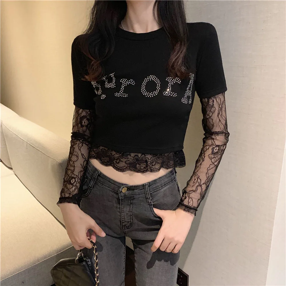 

2023 Spring Summer Lace Long Sleeve T-shrits For Women Slim Round Neck Bottoming Crop Tops Ladies Aesthetics Letter Print Tees