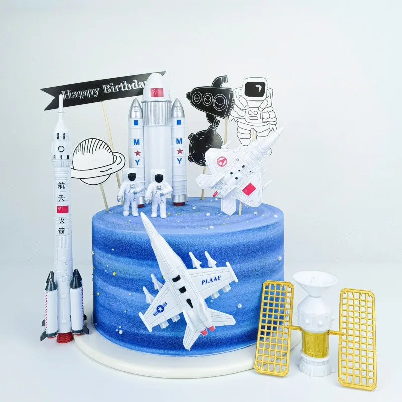 7 Pz/Set Decorazione Per Torta Di Compleanno Gender Reveal Cake Topper Baby Shower Party Decro Astronaut Rocket Plane Ornament For Boys