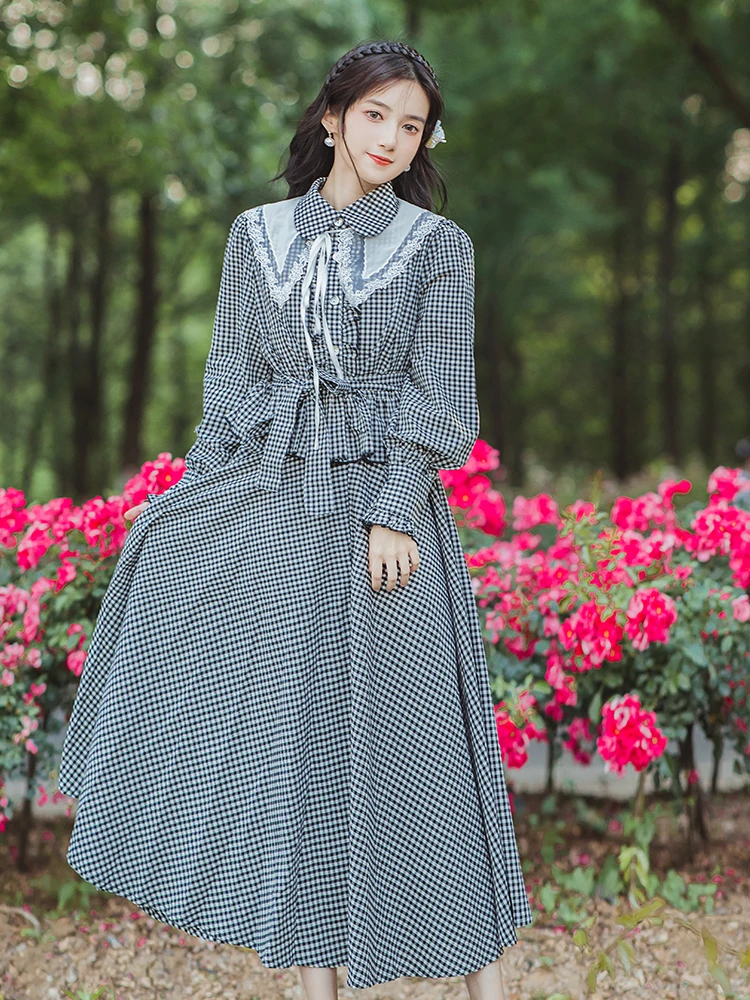 

Autumn Vintage Plaid Kawaii Plaid Sress 2PCS Sweet Lace Bandage Puff Sleeve Blusa Women High Waist Yellow Checked Maxi Skirts