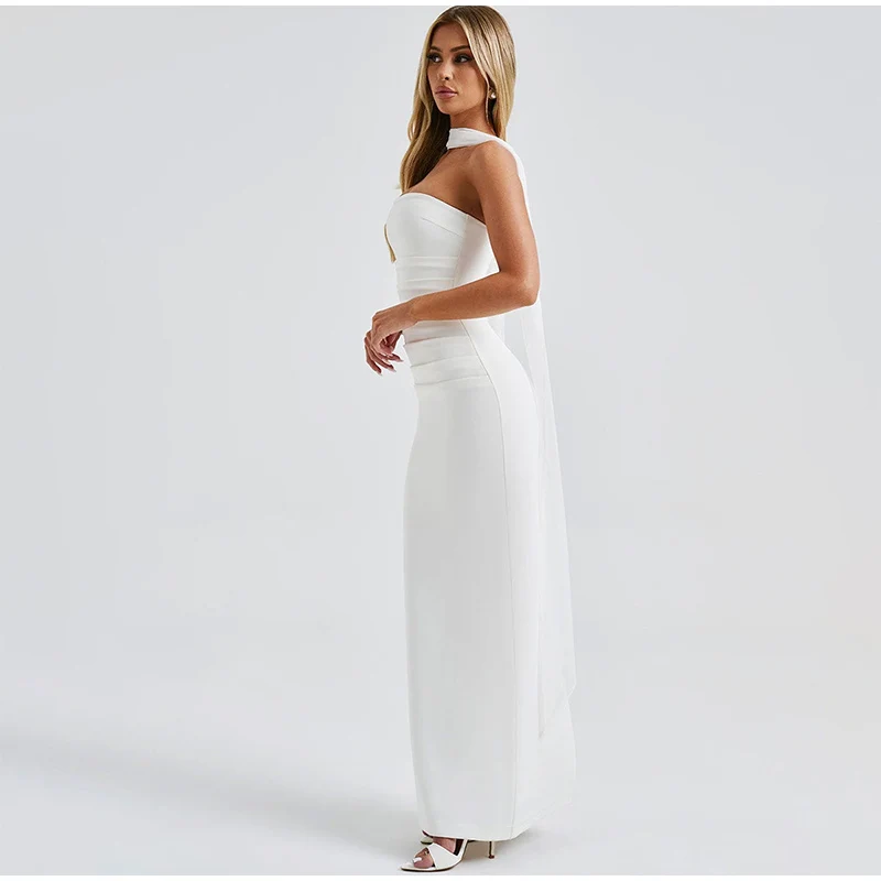 Vintage Pleated Tube Long Dresses Women Elegant Solid Slim Fit Sleeveless Dress With Silk Scarf Gloves Female Summer Evening