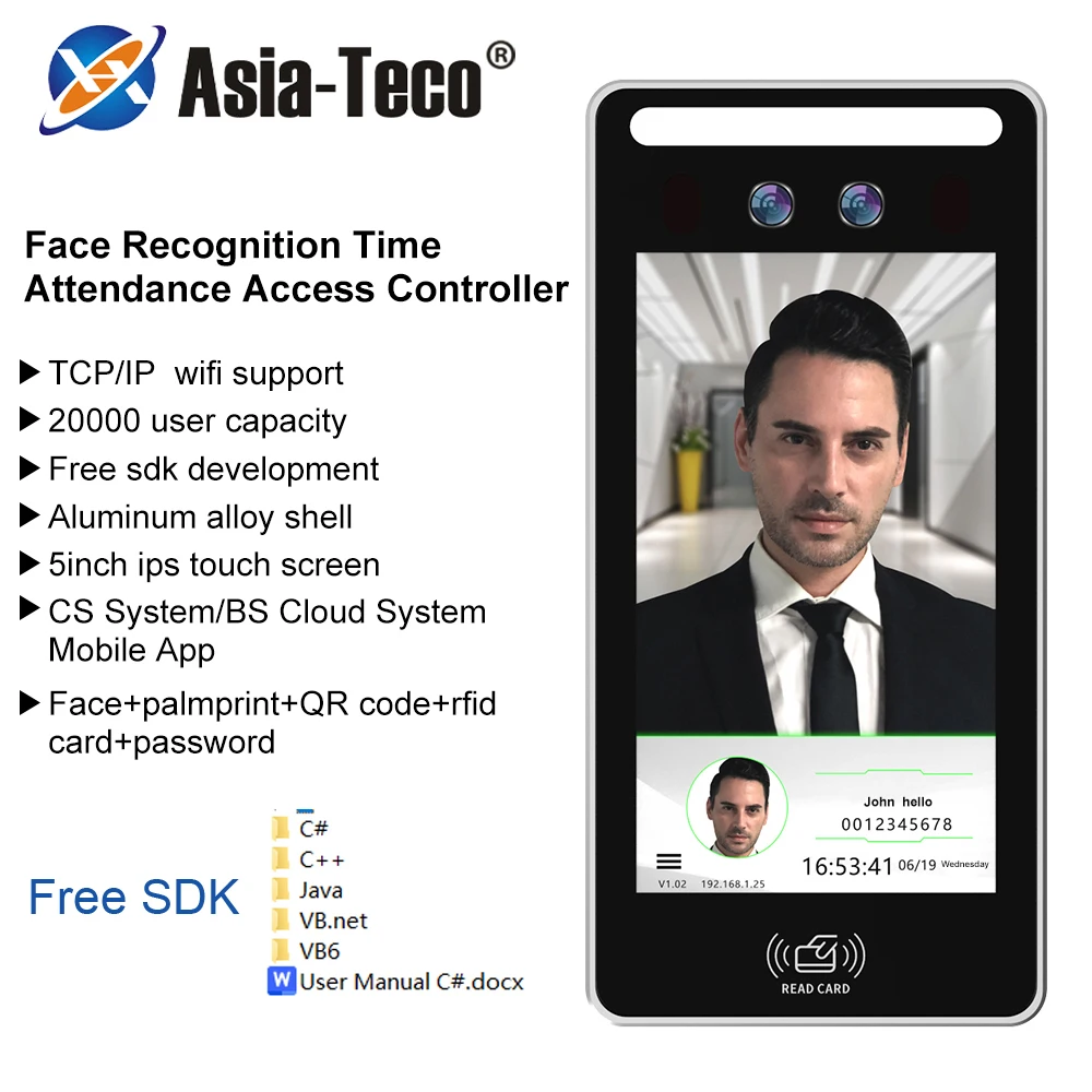 5in TCP/IP WIFI Biometric Time Attendance System Palmprint Scanner Face Recognition Rfid QR Code Access Control Door Lock System
