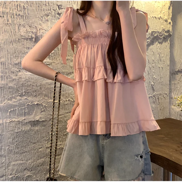 Ruffles Shirts and Blouses Korea Style Solid Fashion Woman Blouse 2025 Spaghetti Strap Top Women Summer Slash Neck Clothes New 2