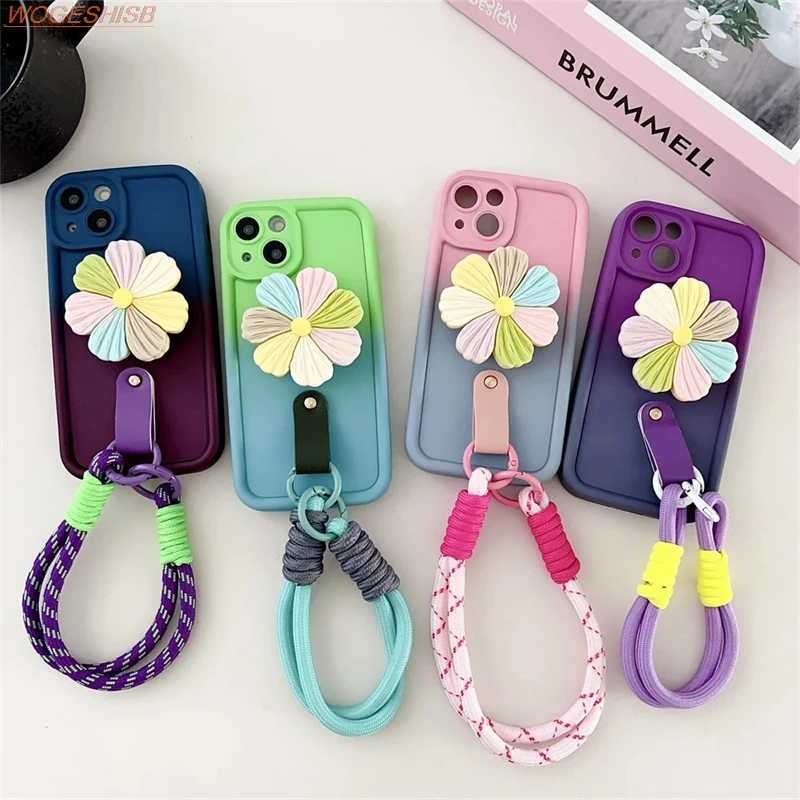 

Gradient Flower Phone Holder Case For OPPO A11 A12 A15 A16 A17 A18 A31 A32 A33 A35 A38 A52 A53 Floral Bracelet Strap Cover Funda