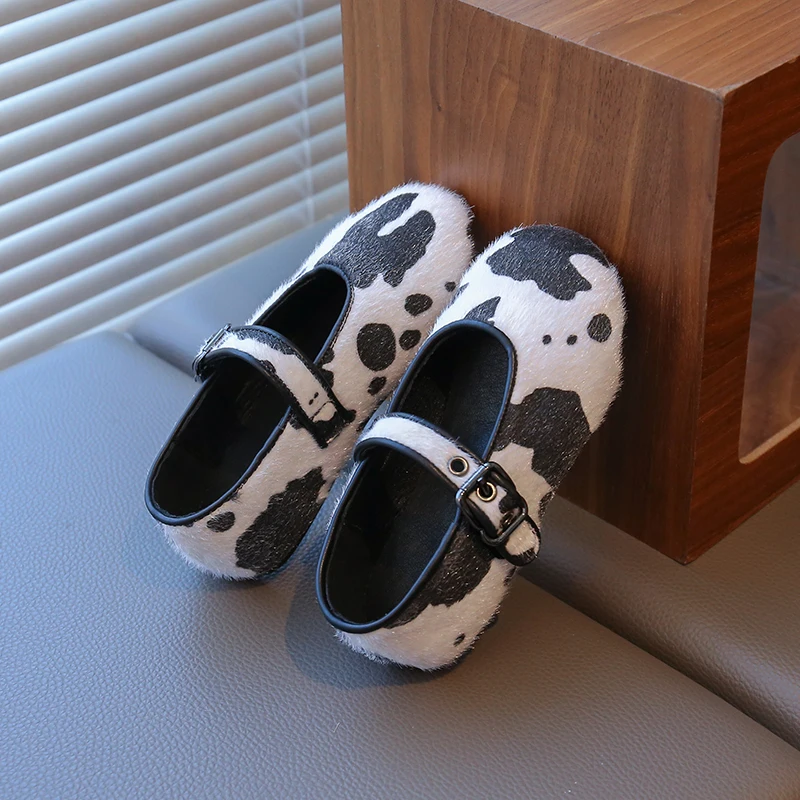 Girls Plush Leather Ankle Strap Ballet Flats