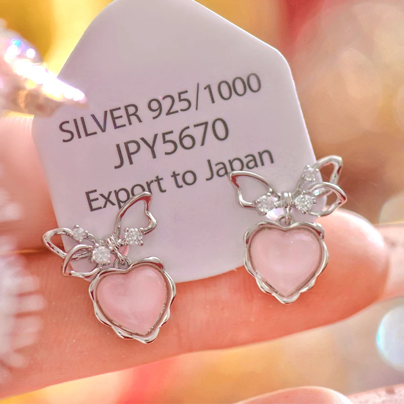 Simple Bow Zircon Love Pink Girl Heart Exquisite Earrings No Ear Holes