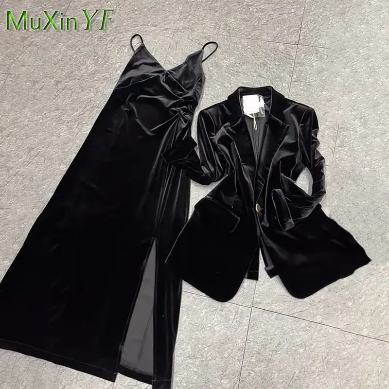 Women's Autumn Winter New Fashion Suit Coat+Suspender Velvet Dress Two-piece Korean Elegant Casual Black Blazer Midi Skirt Set