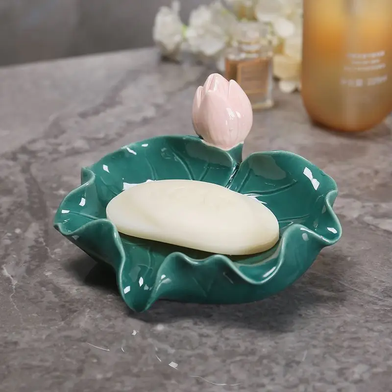 Ceramic Soap Dish, Home Bathroom Supplies, Creative Light Luxury, Cute lotus leaf shape Soap Box No Punching Draining Water, 1Pc