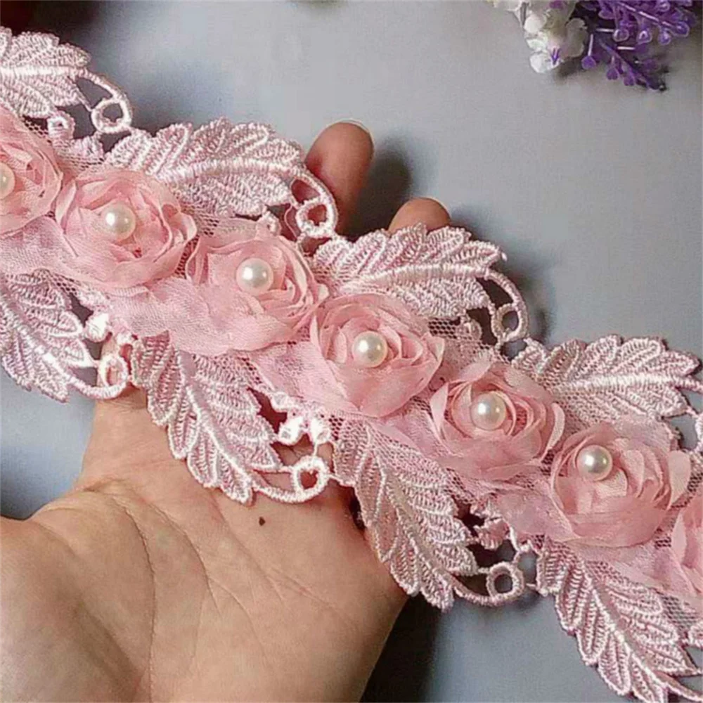 

2 Yard Pink Pearl Soluble Flower Embroidered Lace Trim Ribbon Floral Applique Fabric Handmade Wedding Dress Sewing Craft