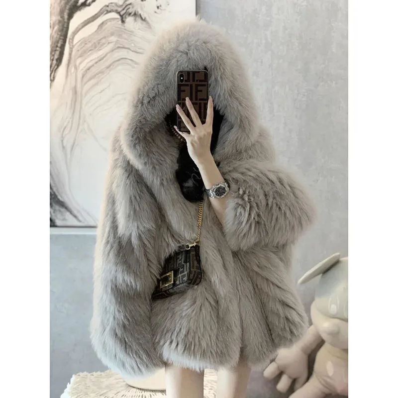 

Hooded Fox Hair Mid length Fur Collar Coats Autumn Winter Faux Fur Coat Women Elegant Thick Warm Faux Fur Jackets For Women 20
