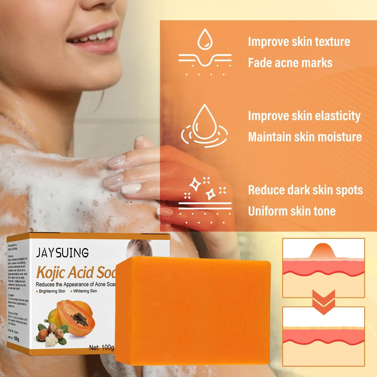 

100g Jaysuing Papaya Kojic Acid Soap Deep Cleaning Softening Skin Fade Spots Brighten Skin Color Exfoliating Skin Care Soap