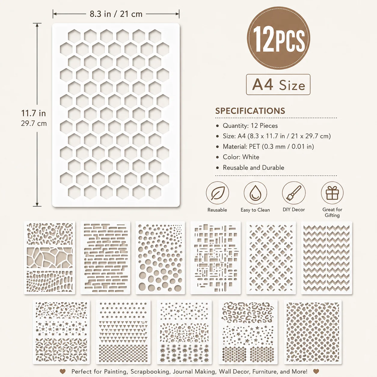 12PCS A4 기하학적 패턴 스텐실 8.3 x 11.7인치 플라스틱 페인팅 템플릿 (벽, 목재, 패브릭, 가구 DIY 공예용)