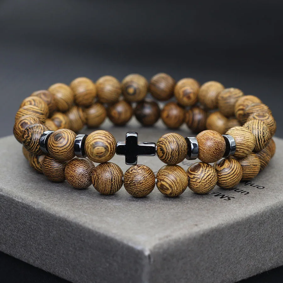 Men Wooden Cross Hematite Healing Beaded Wrap Bracelet Set