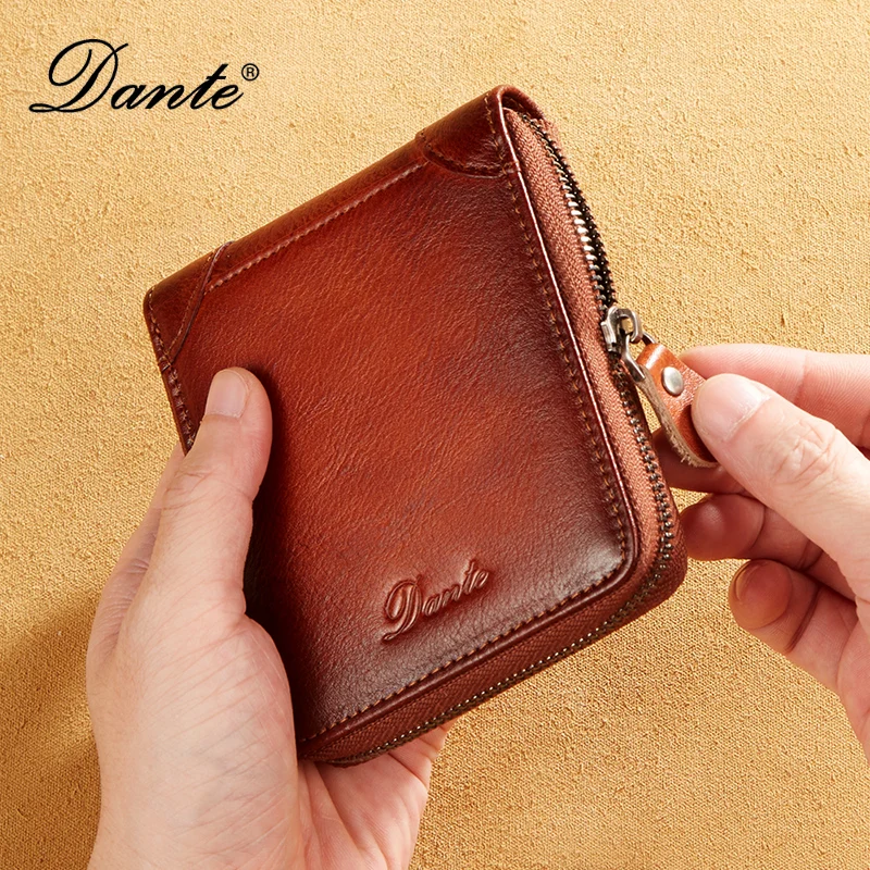 Dante Large Capacity Anti-theft Brush Leather Men Wallets Zipper Multifunctional Short Wallet Head Layer Cowhide Money Bag Clips
