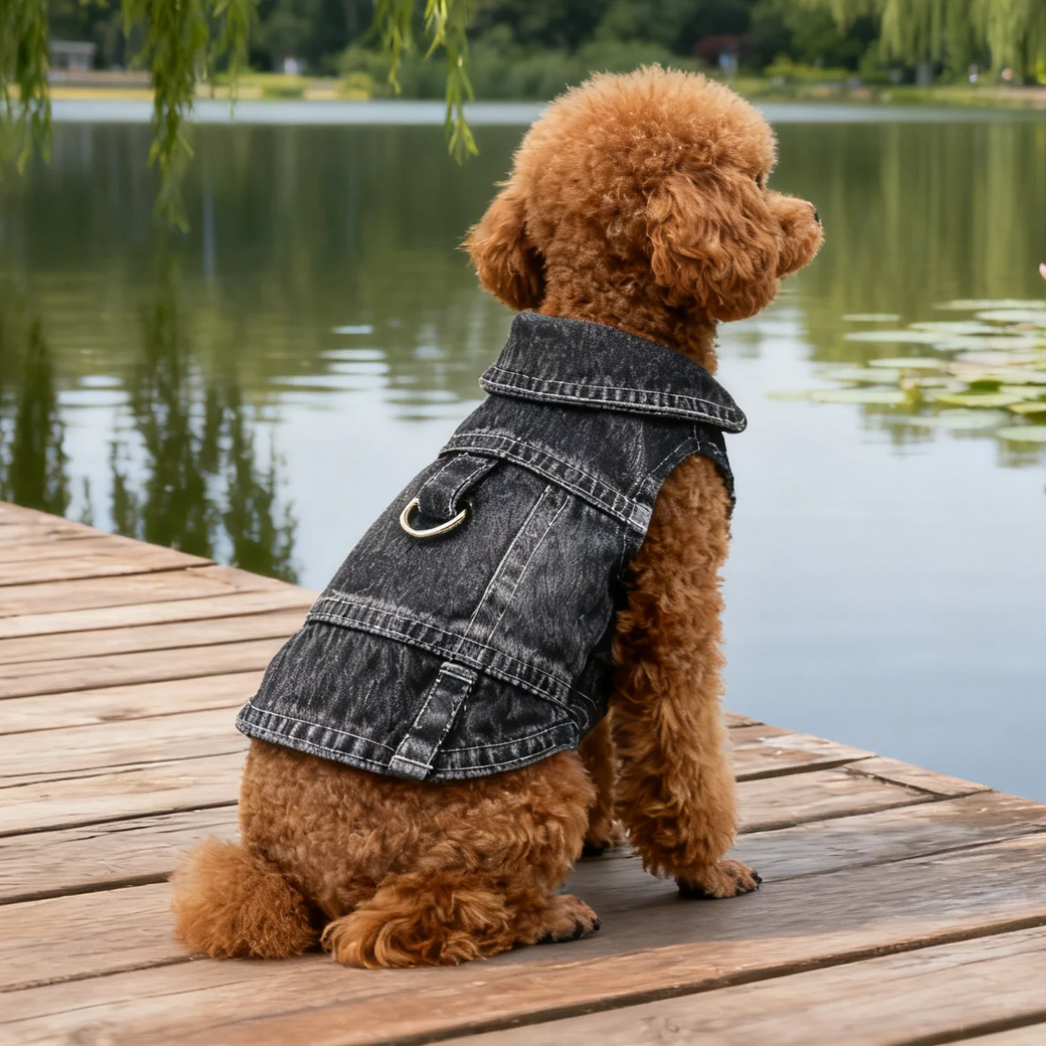 Denim Lapel Harness Vest with Washed Scratch Design
