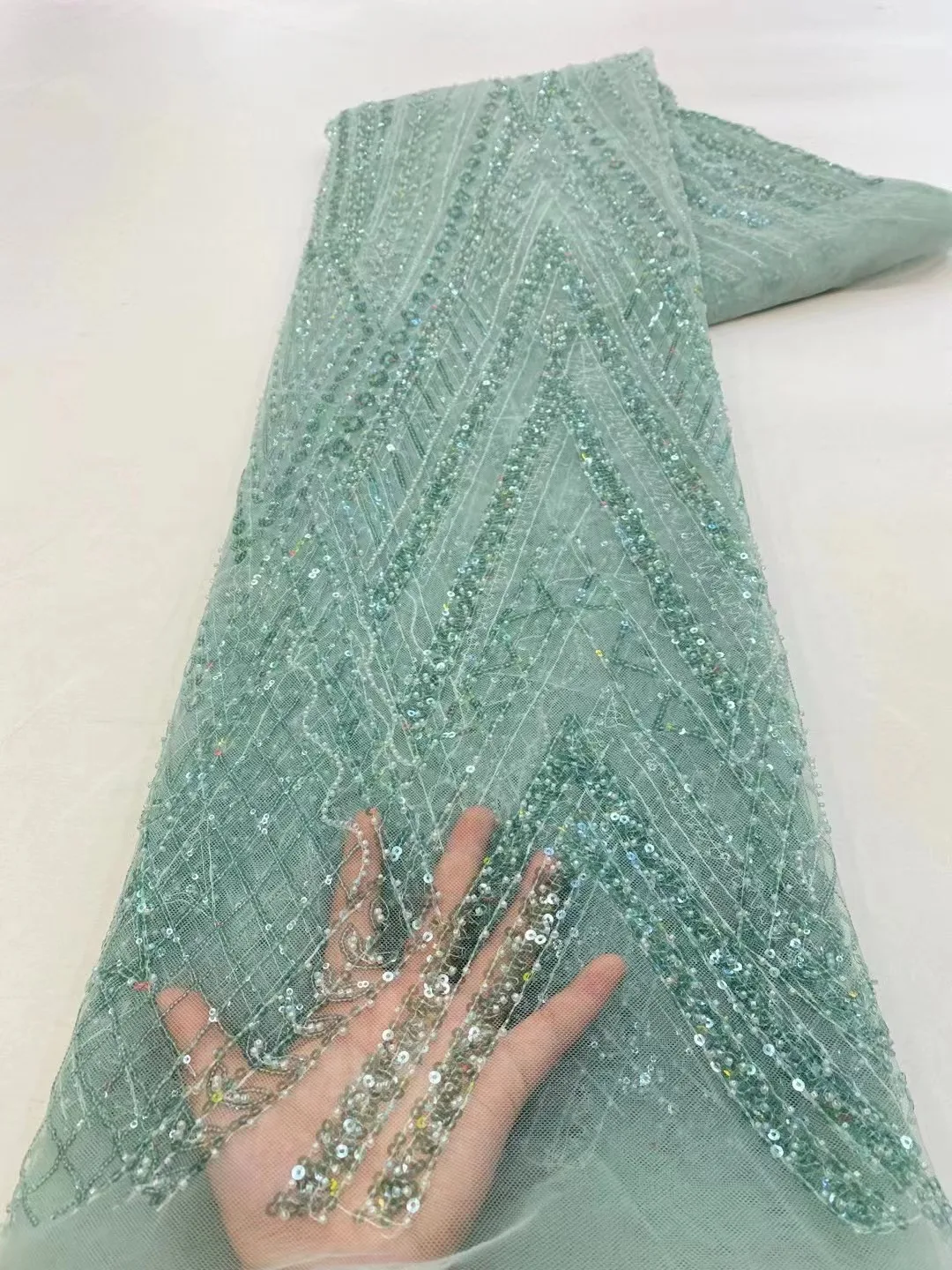 

African Lace Fabric Dubai Hand Beaded Tulle Lace Fabric Embroidered Applique African Nigerian Fabric For Sewing