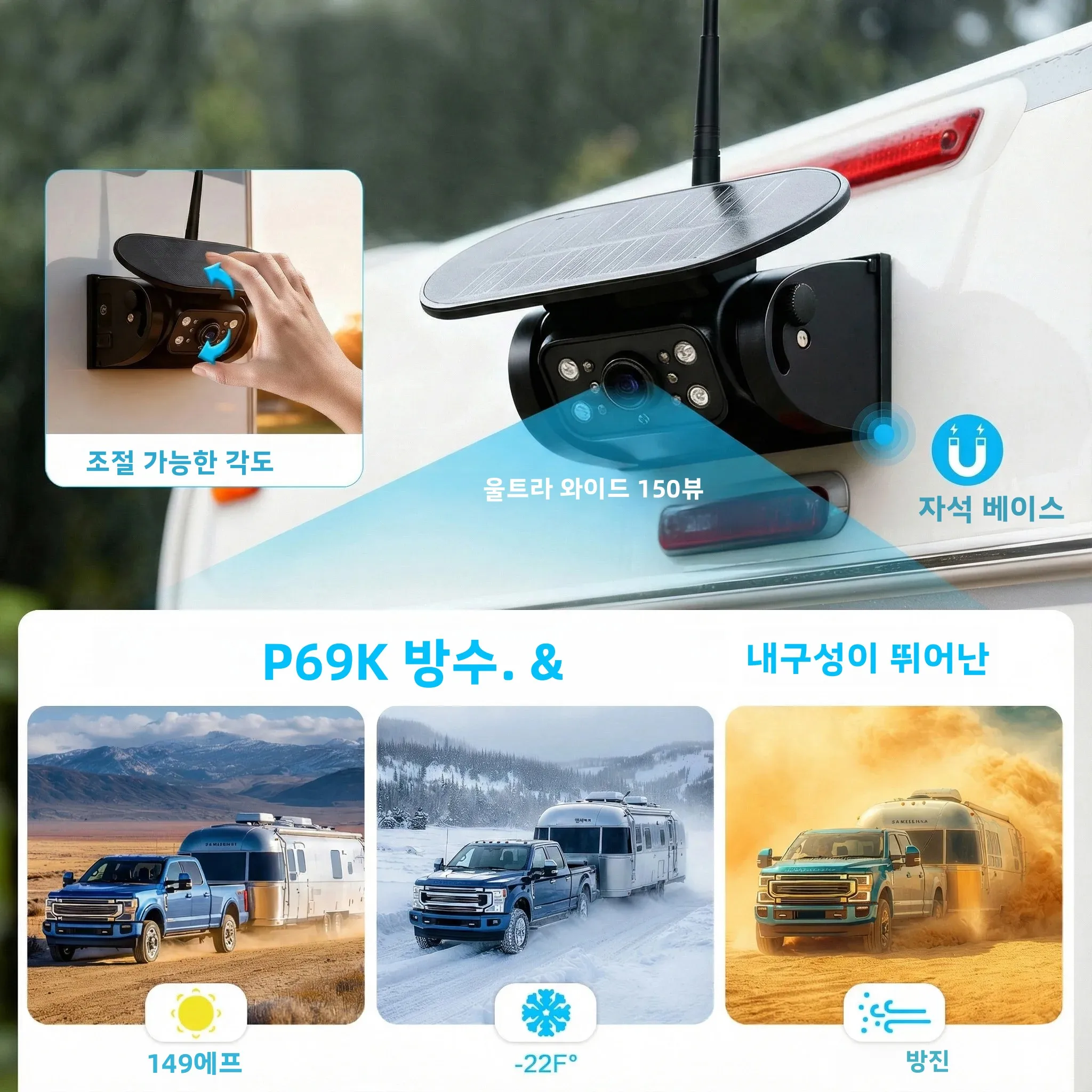 자석식 태양광 WiFi 백업 카메라 BSD 사각지대 감지 무선 DVR 레코더 (트럭, RV, 캠핑카, 트레일러용) - 후방 카메라