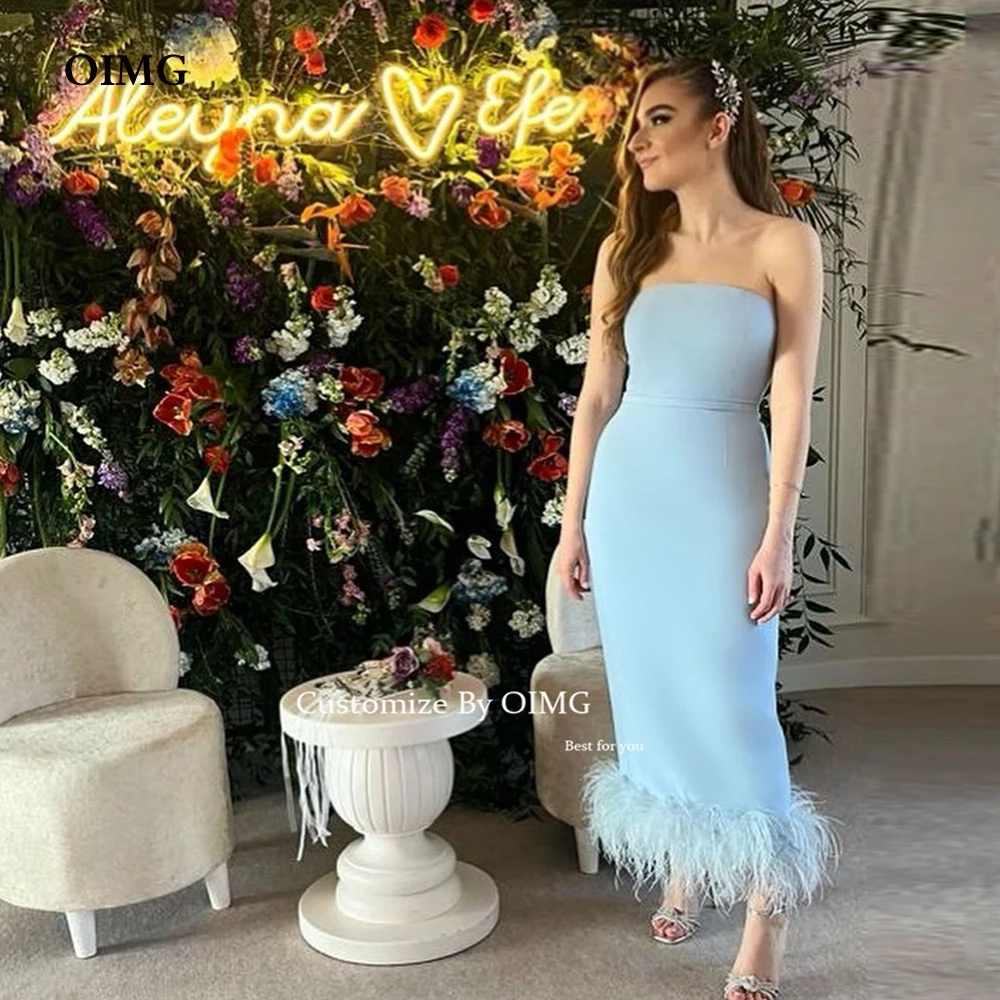 

OIMG Elegant Sky Light Blue Feathers Evening Dresses Dubai Arabic Women Sleeveless Strapless Formal Occasion Prom Gowns