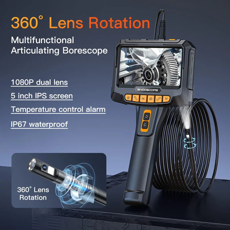 

1080P Industrial Endoscope 360° Rotation 8mm Dual Lens Camera Borescope Handle Inspection Borescope For Car Engine Sewer