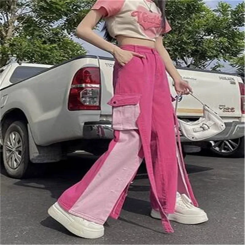 Pink Women Cargo Pants Loose Baggy Pants Korean Fashion High Waist Trousers Moda Pantalones Anchos Y Sueltos Mujer