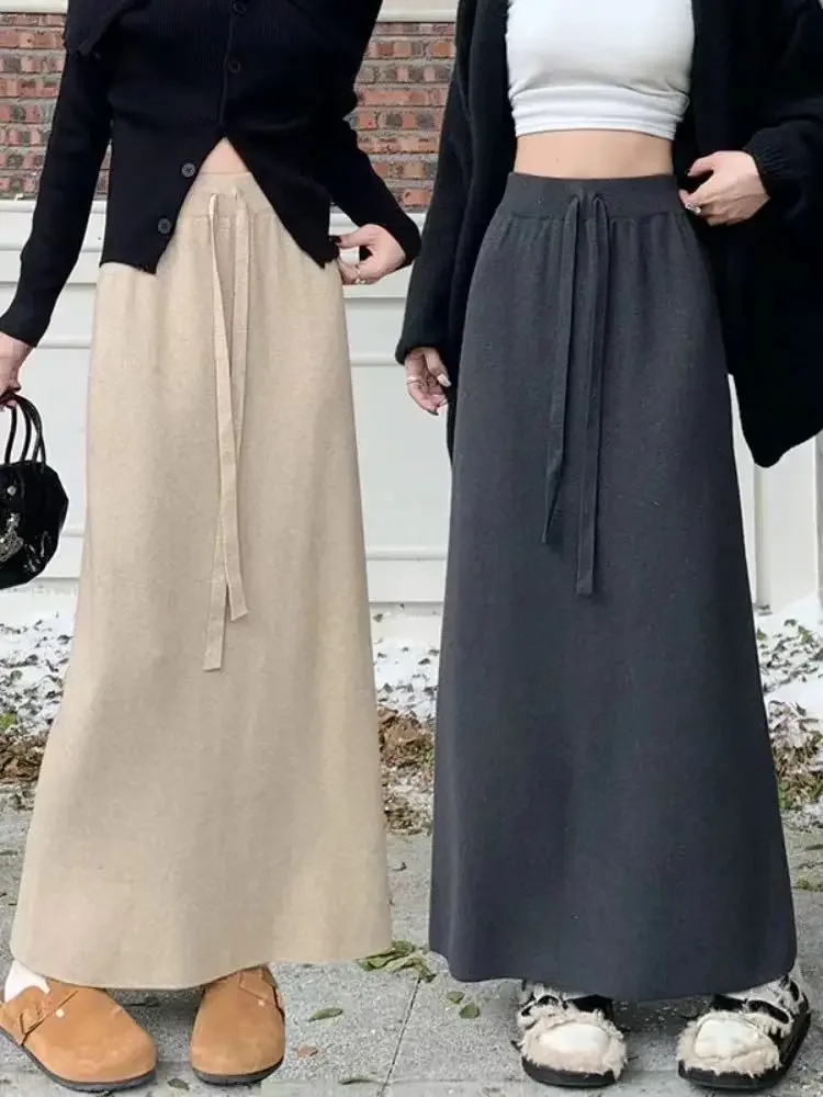 Korean Style Maternity Knitted Skirts Drawstring Waist Back Split Pregnant Woman Straight Skirt Adjustable Waist Pregnancy Skirt