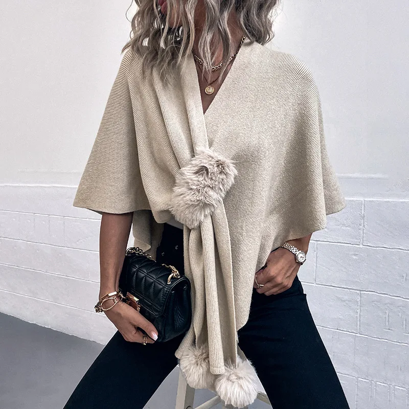 

Women Coats & Jackets For Winter V-Neck Soft Warm Knitted Capes & Ponchos Pom Open Stitch Autumn Female Outwear Knitwear C4146