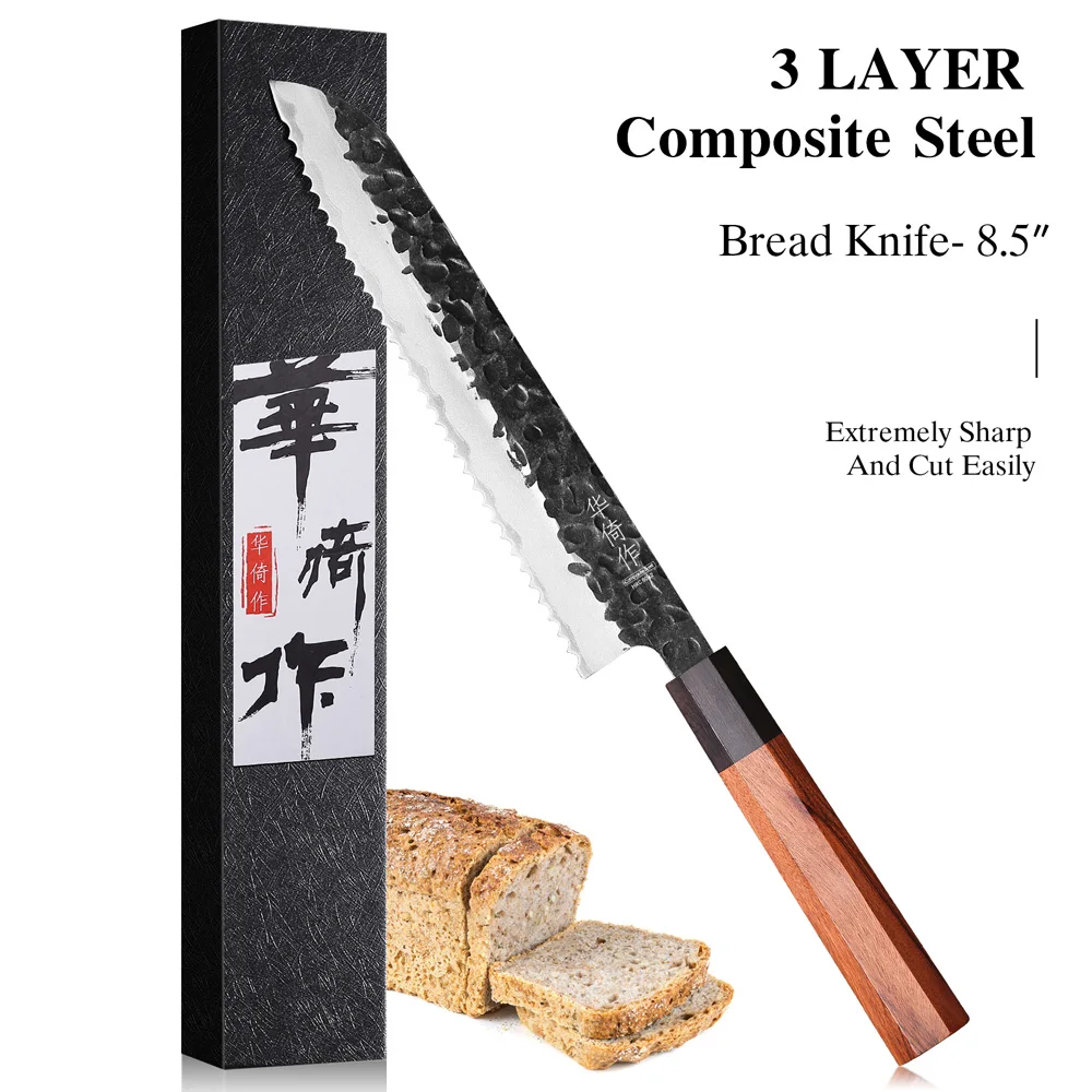 Cuchillo de pan de 8,5 ", cuchillo de Chef profesional hecho a mano de acero compuesto de alta calidad, rebanador de tostadas forjado de cocina, cuchillos dentados
