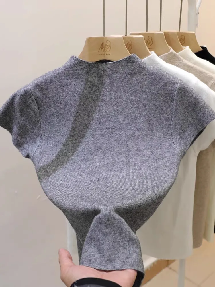 Half Turtleneck Short Sleeve Sweater Women, Solid Elegant Knitted Pullover, White Slim Tops