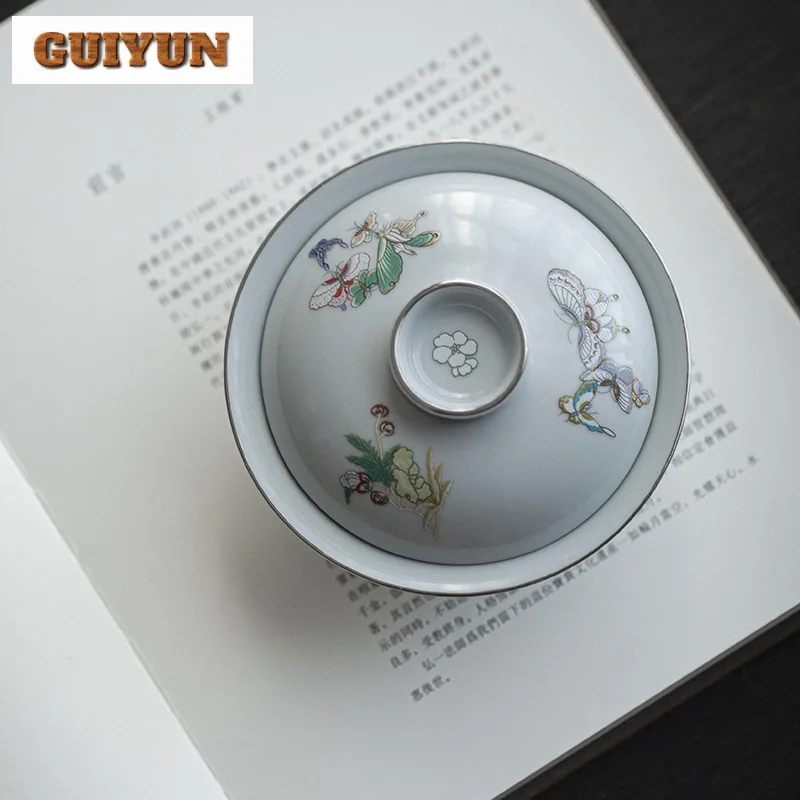 Japanese Moon Butterfly Gaiwan Aesthetic High Foot Tea Bowl Tea Tureen Making Cover Bowl Cha Tableware Equipment Decoration