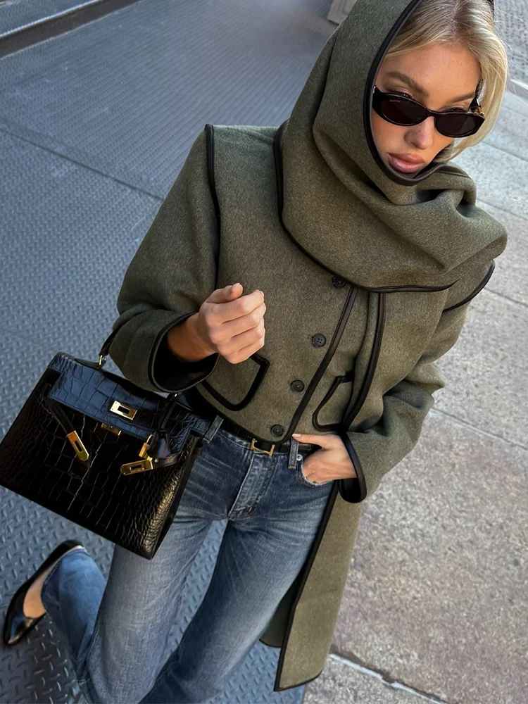 Fashion Scarf Collar Woolen Jacket For Women Elegant Long Sleeve Single Breasted Short Coats  Autumn Chic Warm Outerwear