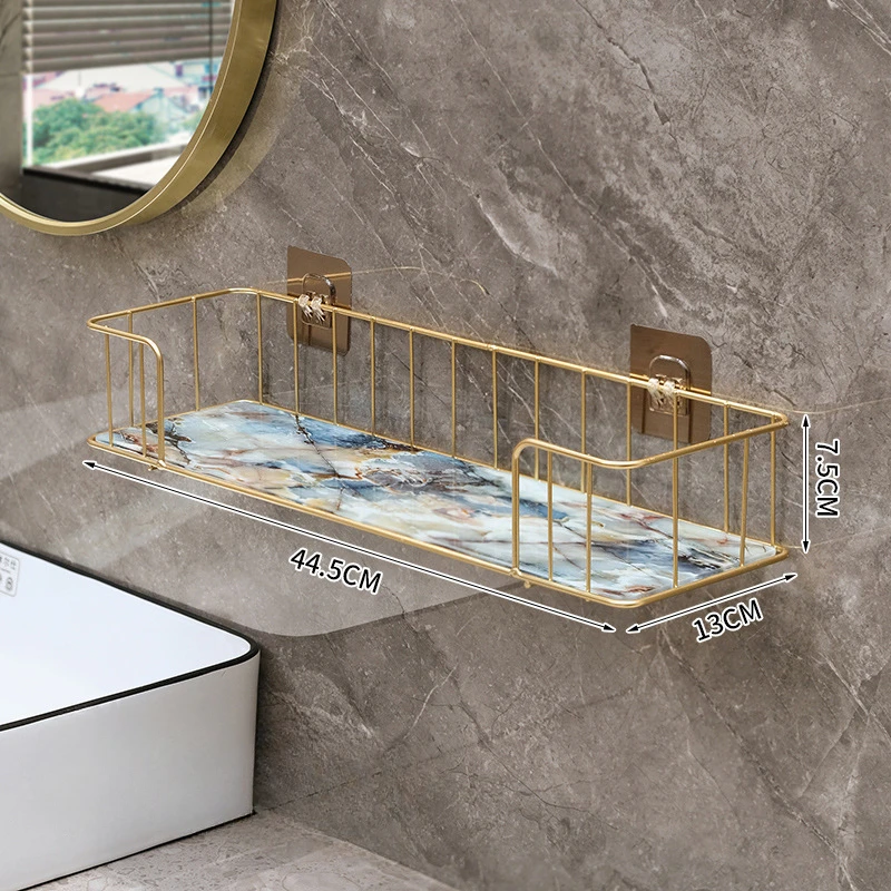 Luxury Bathroom Shelf without drilling Iron Wall Shelf with Marble style Glass Plate Makeup Storage Rack Bathroom Accessories 3