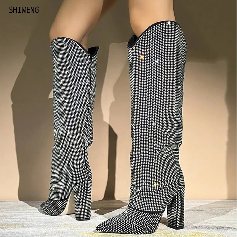 Stivali Al Ginocchio Da Donna Di Lusso Per Donna Silvery Roseo Strass Shark Lock Cunei A Punta Botas Mujer Scarpe Da Festa 44