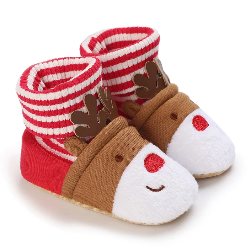 VISgogo  Infant Baby Christmas Shoes with Socks Stripe Print Deer Pattern Non-Slip Soft Ankle Boots Crib Shoes