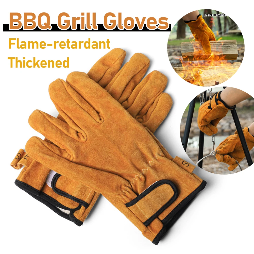 

Перчатки из воловьей кожи для барбекю, жаропрочные огнестойкие митенки для духовки, портативные перчатки для пикника и барбекю