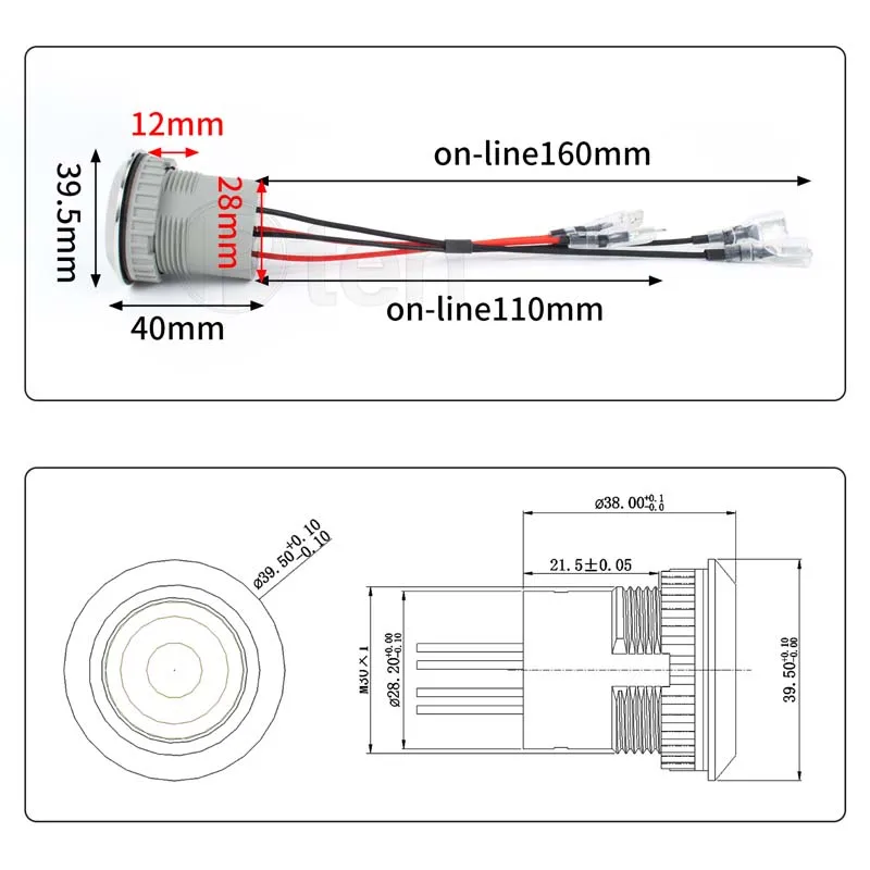 IP67 방수 금속 푸시 버튼 스위치, 30mm, 3a, 리셋 잠금, 스토브 팬, 12-24V, 220V, LED 조명, 와이어 포함, IP67 방수