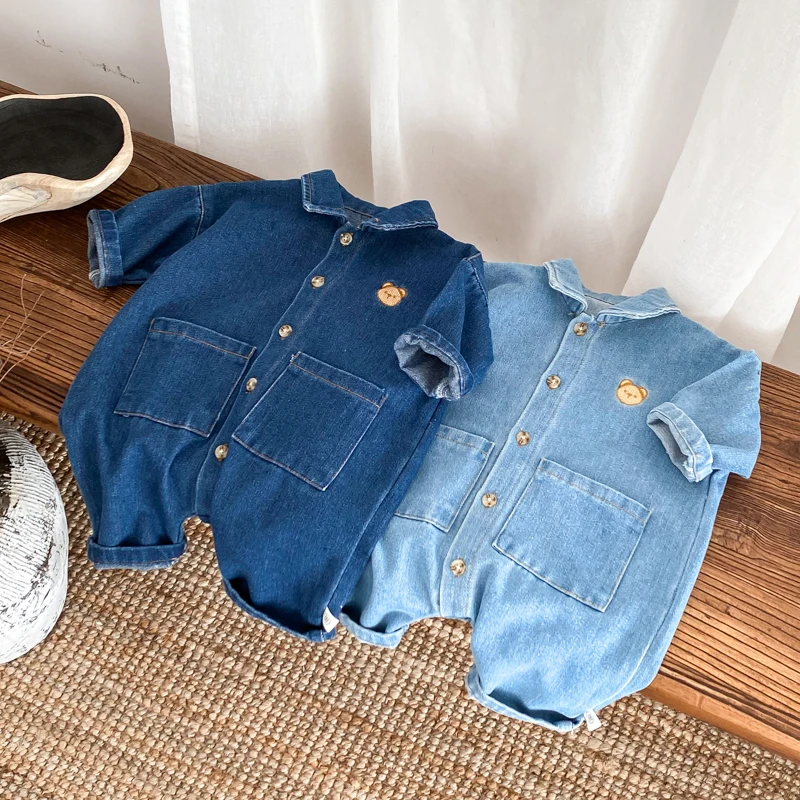 Korean Style Newborn Bodysuit Baby Jumpsuit Boy Girl Autumn Outdoors Bear Prints Denim Romper 0-2yrs 4